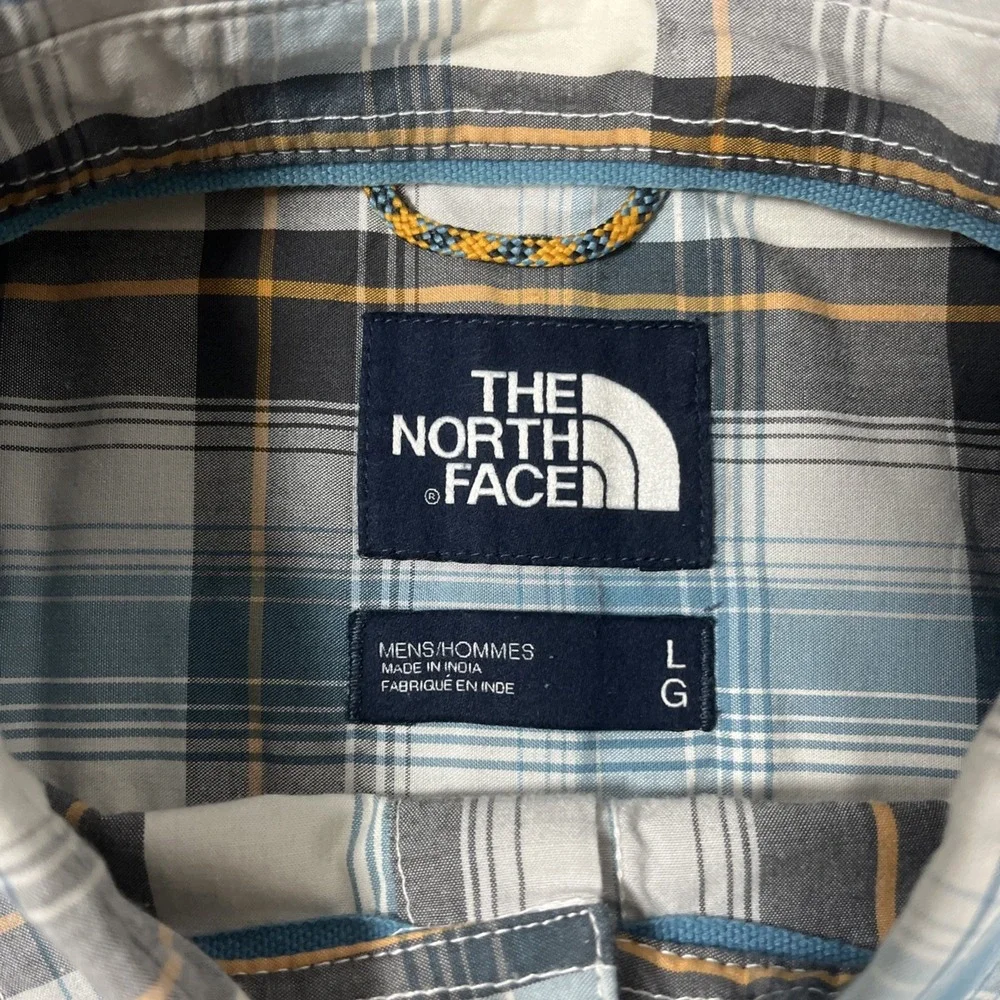 The North Face Mens Large Short Sleeve Plaid Button Down Shirt Blue Gray Outdoor